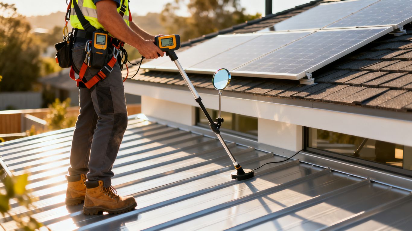 Professional inspection on a metal roof
