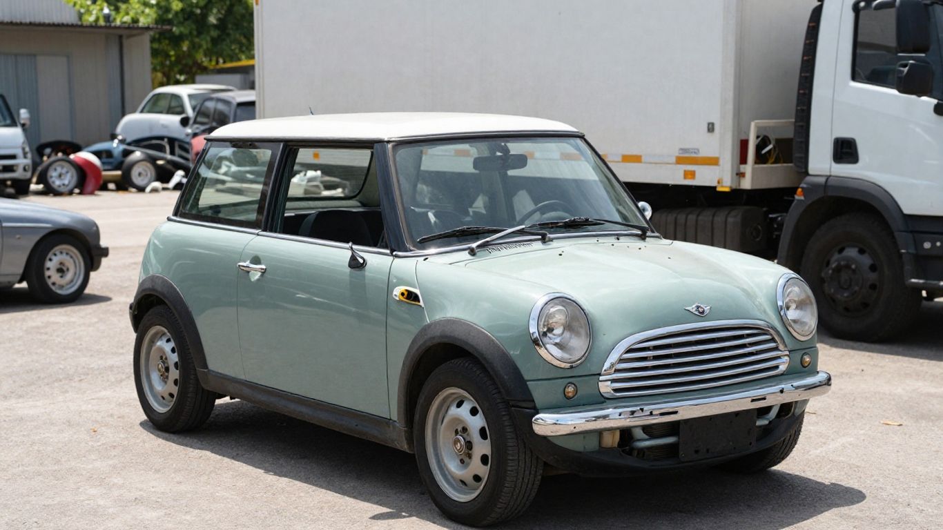 Mini Cooper car parts and tow truck for shipping.