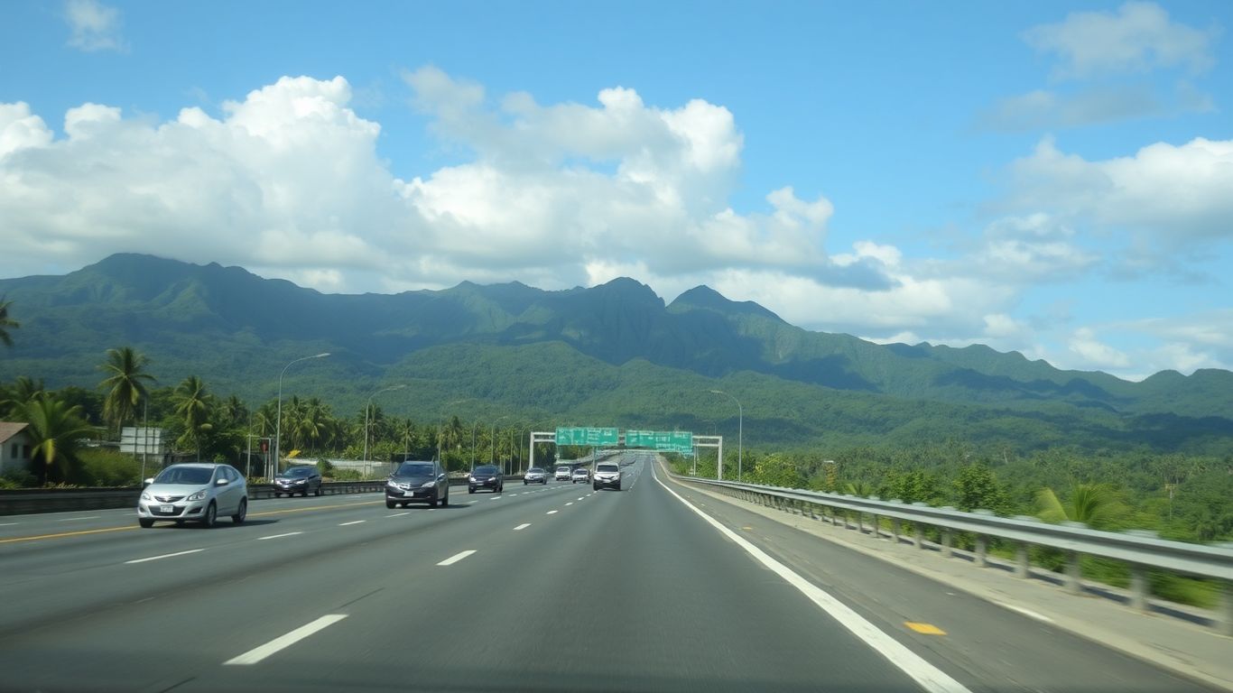 Heavy traffic flowing on a sunny tropical freeway