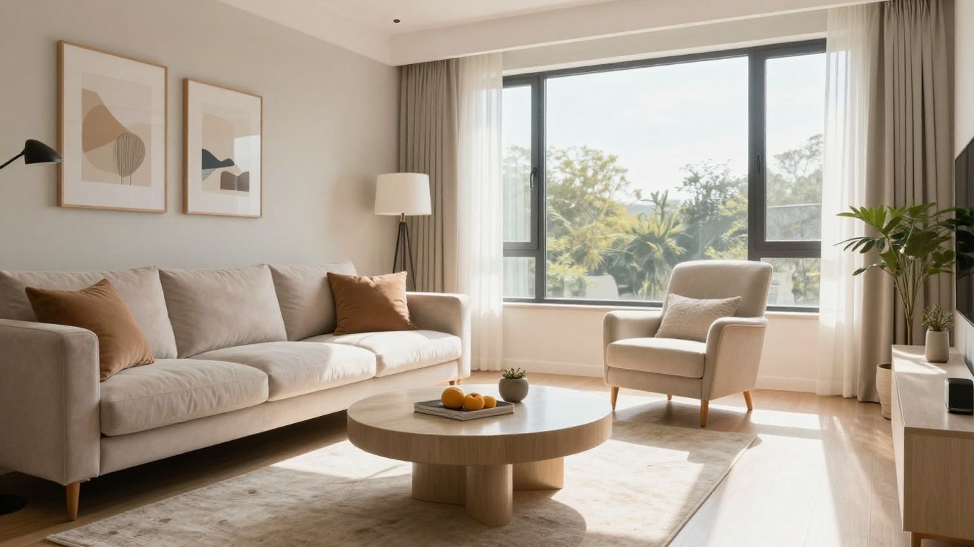 Stylish furniture in a modern Airbnb living room.