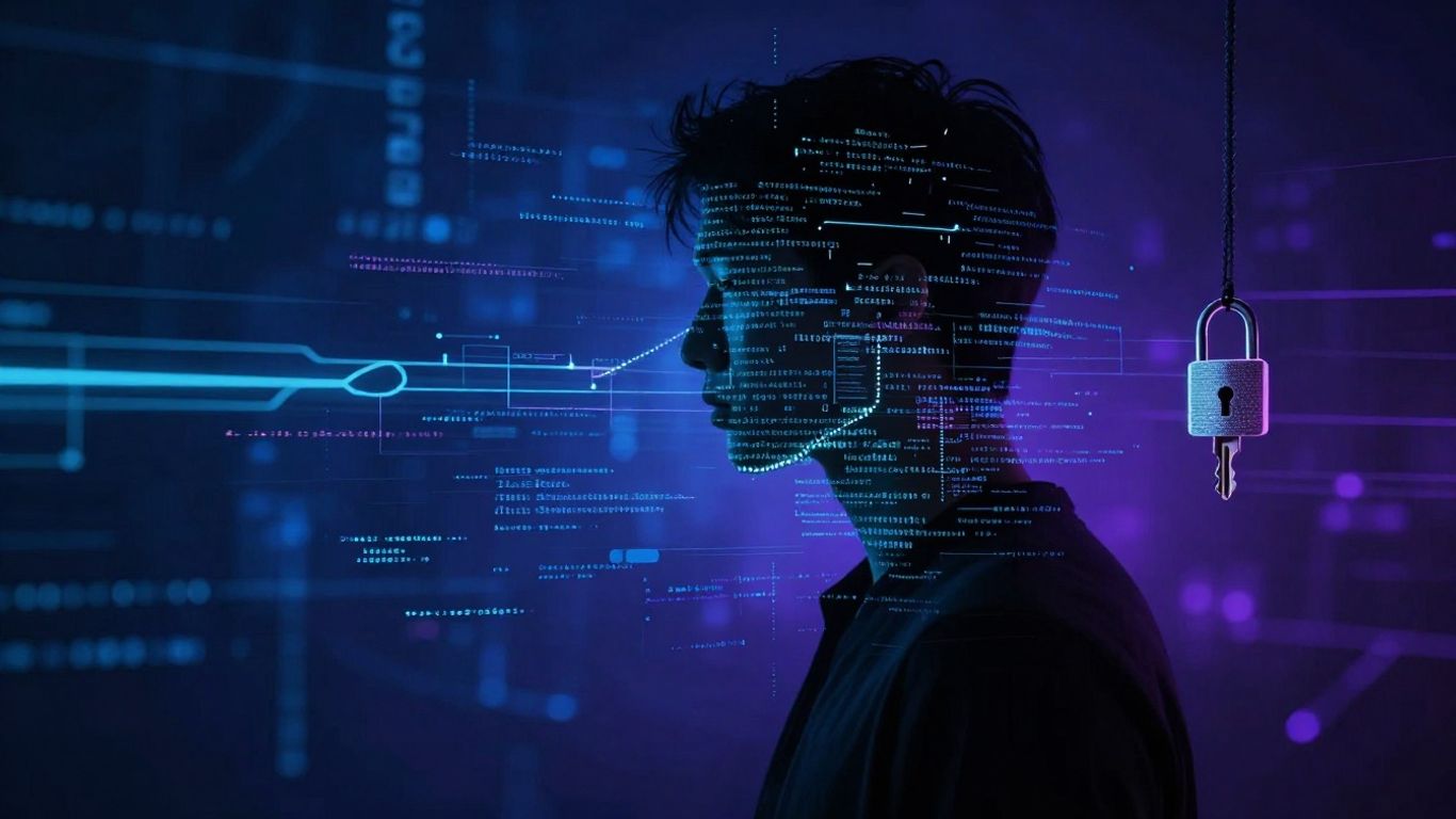 Digital lock and key protecting a person's silhouette.