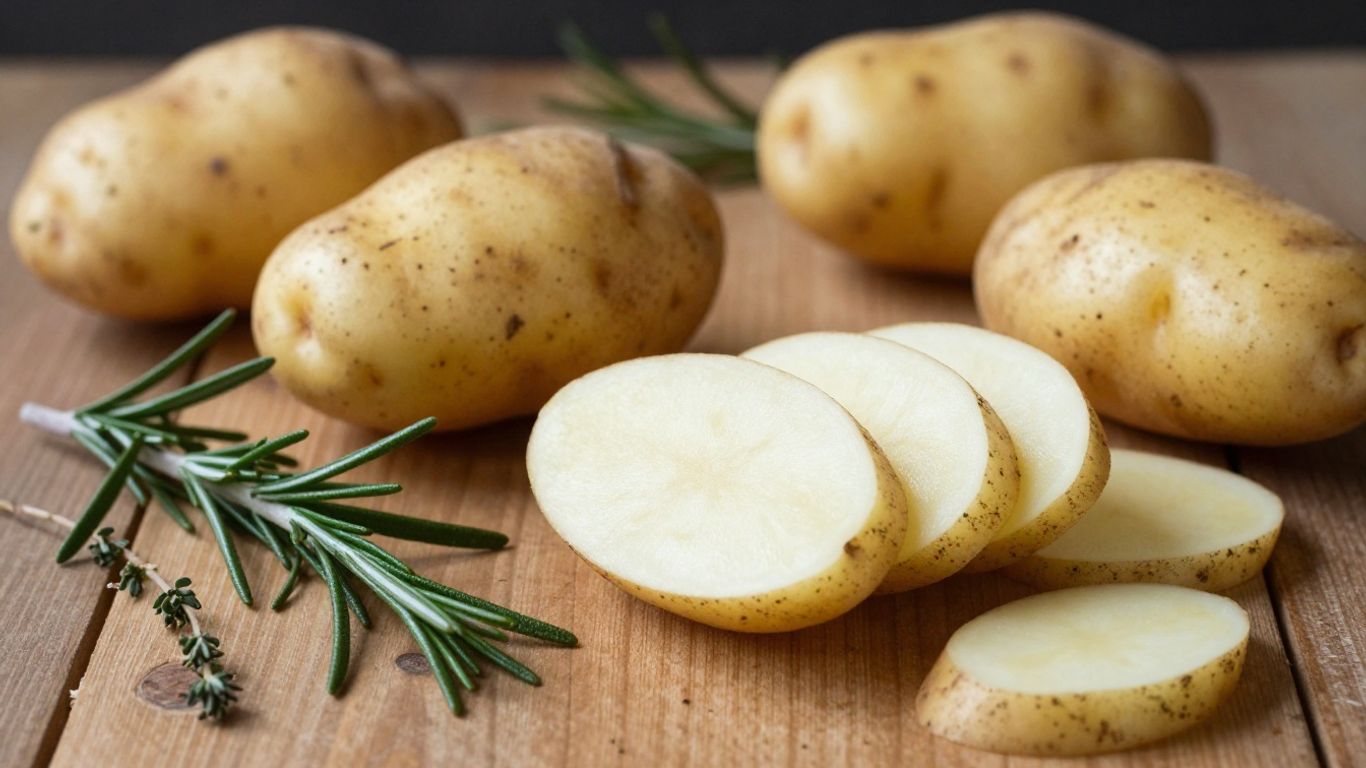 Biologische aardappelen op een rustieke tafel met kruiden.