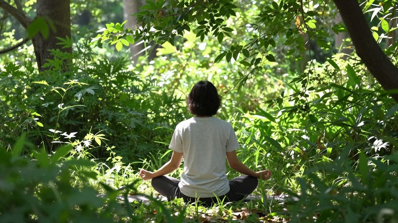 Pessoa meditando em um ambiente natural tranquilo e ensolarado.