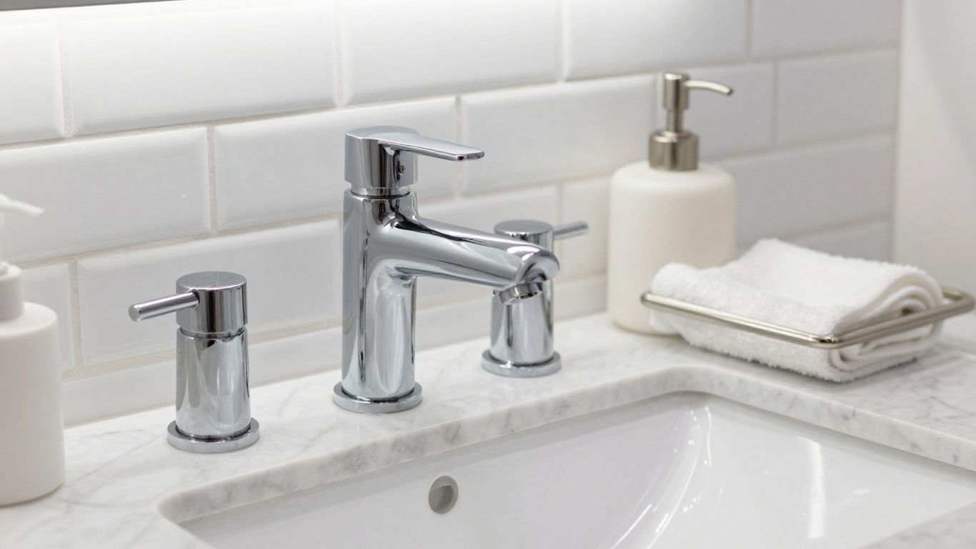 Modern bathroom hardware with chrome and brushed nickel finishes.