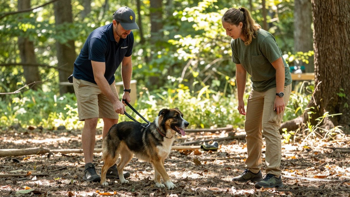 Dog and handler training outdoors in a natural setting.