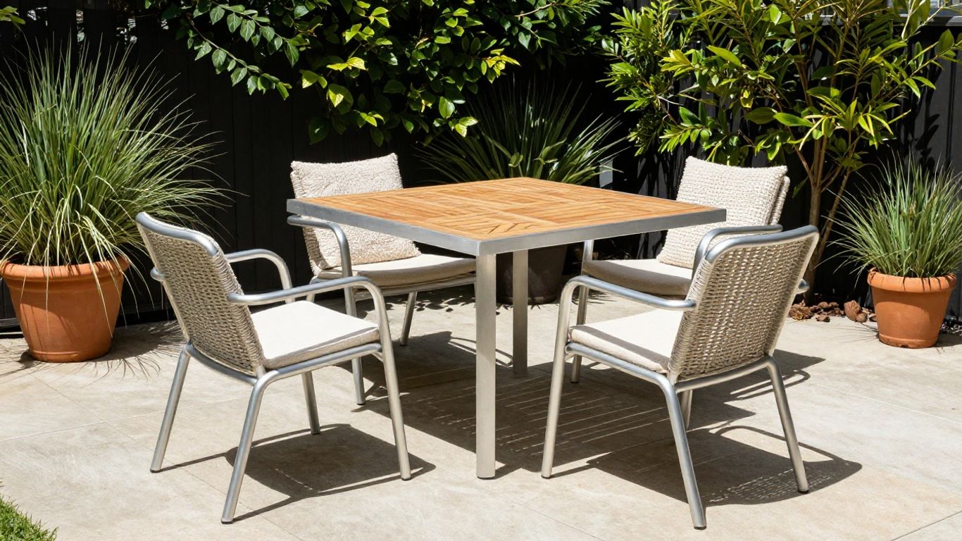 Powder-coated outdoor furniture on sunny deck