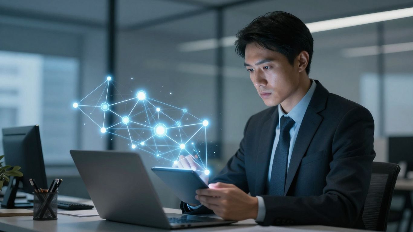 Businessperson looking at glowing AI network nodes.