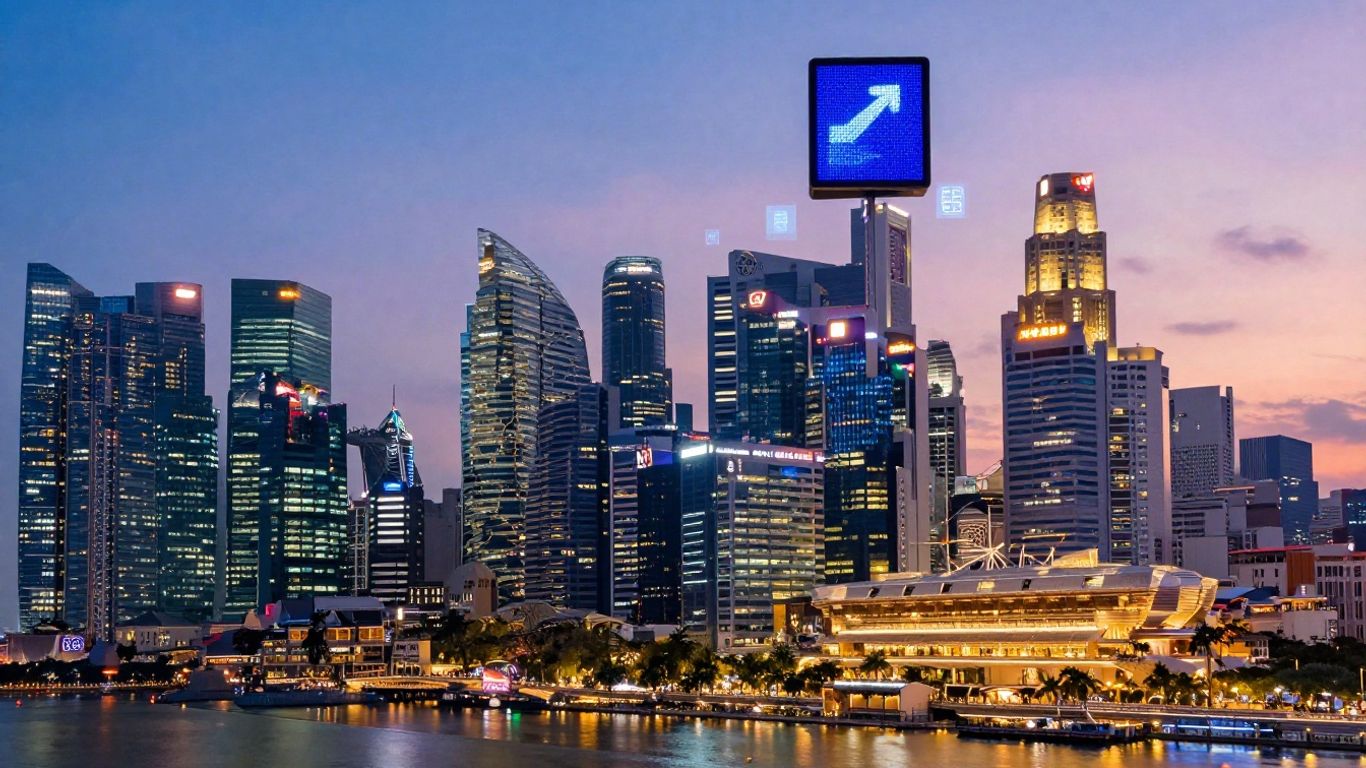Singapore skyline with glowing digital ad icons.