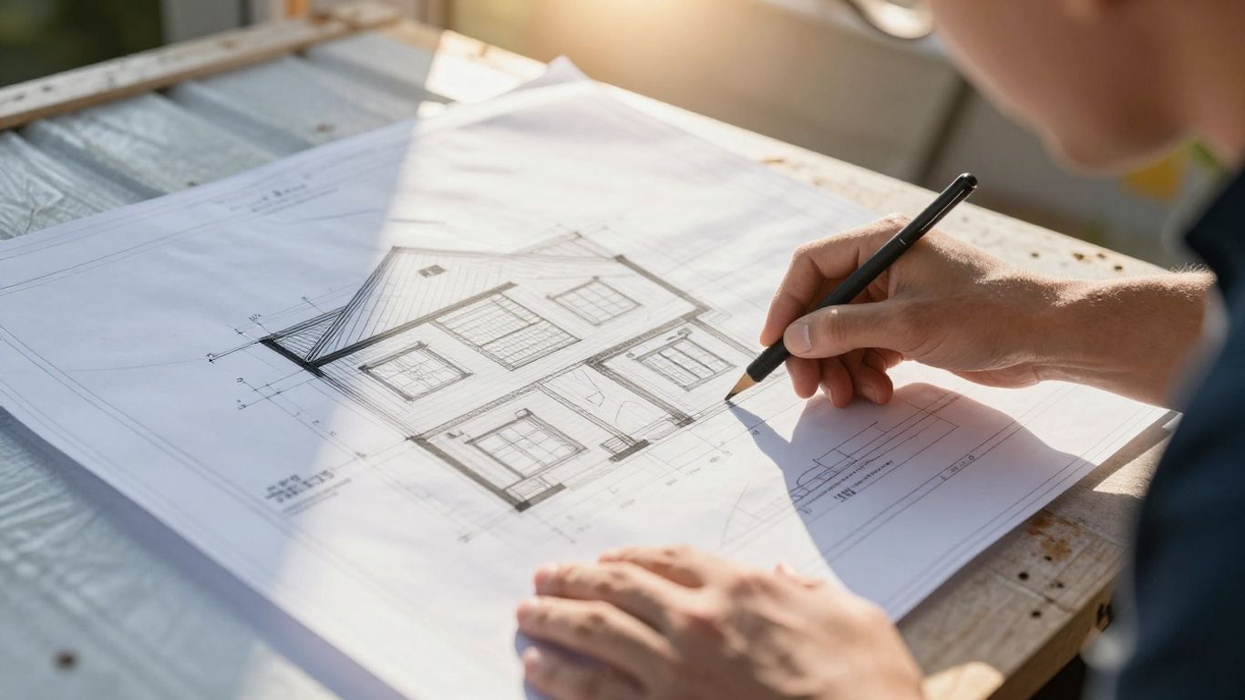 Homeowner reviewing roof blueprint for project cost.
