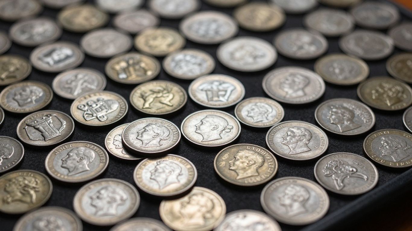 Organized collection of coins in protective holders.