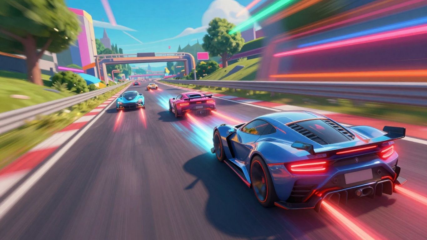 Exciting car racing game scene with futuristic vehicles on a colorful track.