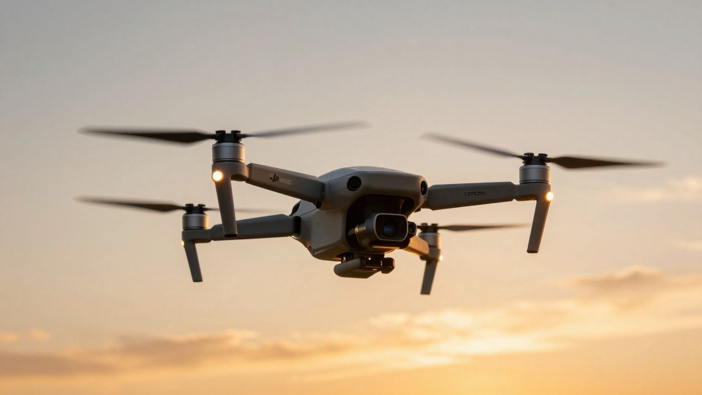 DJI Neo Combo drone flying at sunset