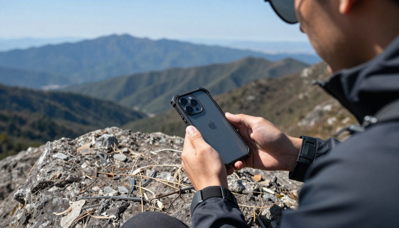 A person hiking in the Blue Mountains, checking their iPhone 15 Pro Max in a rugged case.