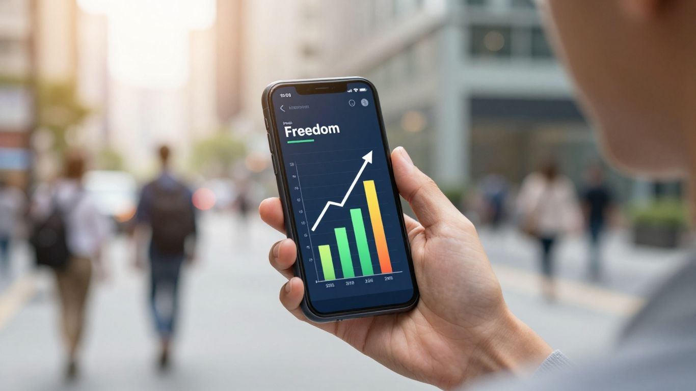 Persona exitosa con teléfono y gráfico financiero.