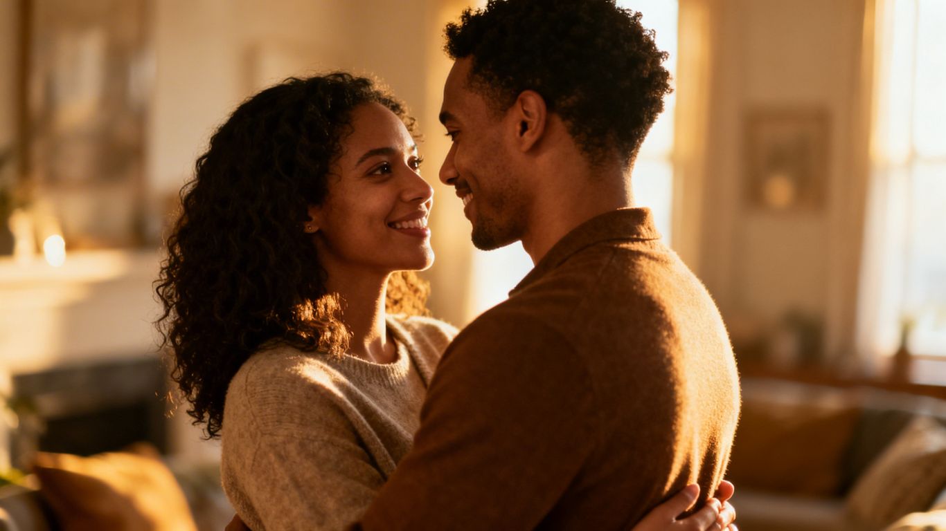 Couple embracing, showing affection and closeness.
