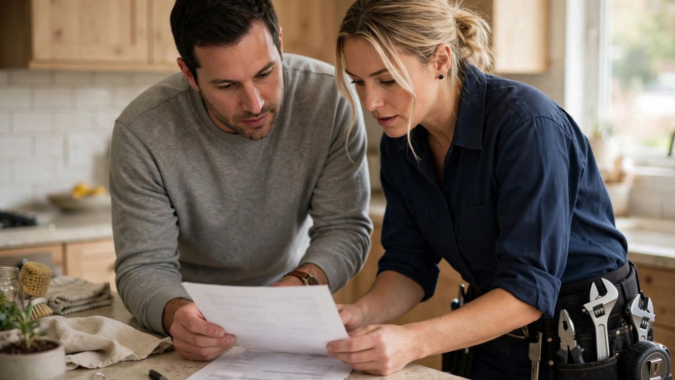 Homeowner reviewing a plumbing estimate with a technician