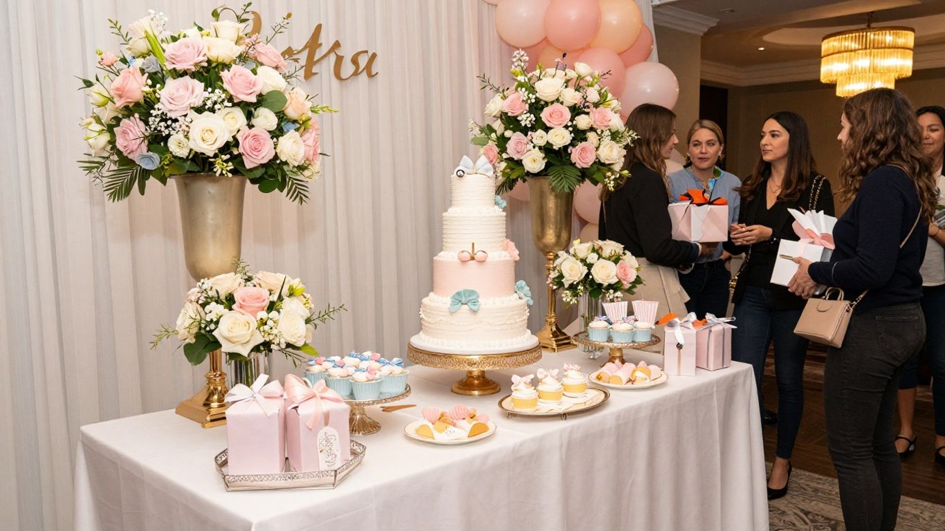Elegant baby shower venue with decorations and cake.