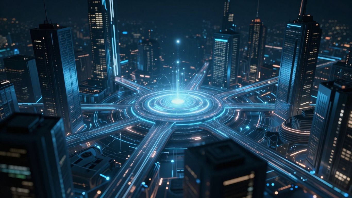 Futuristic cityscape with glowing digital pathways.