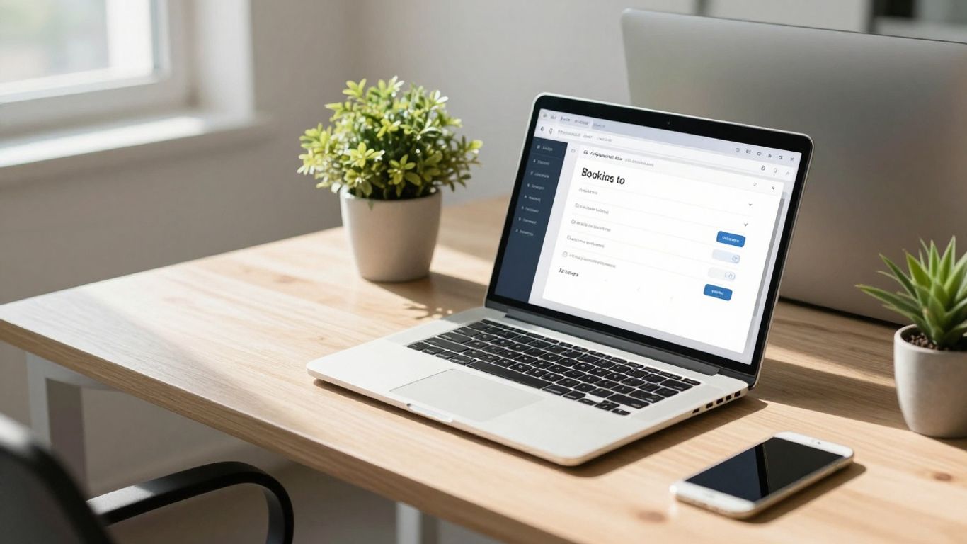 Laptop showing a booking interface in a modern office.