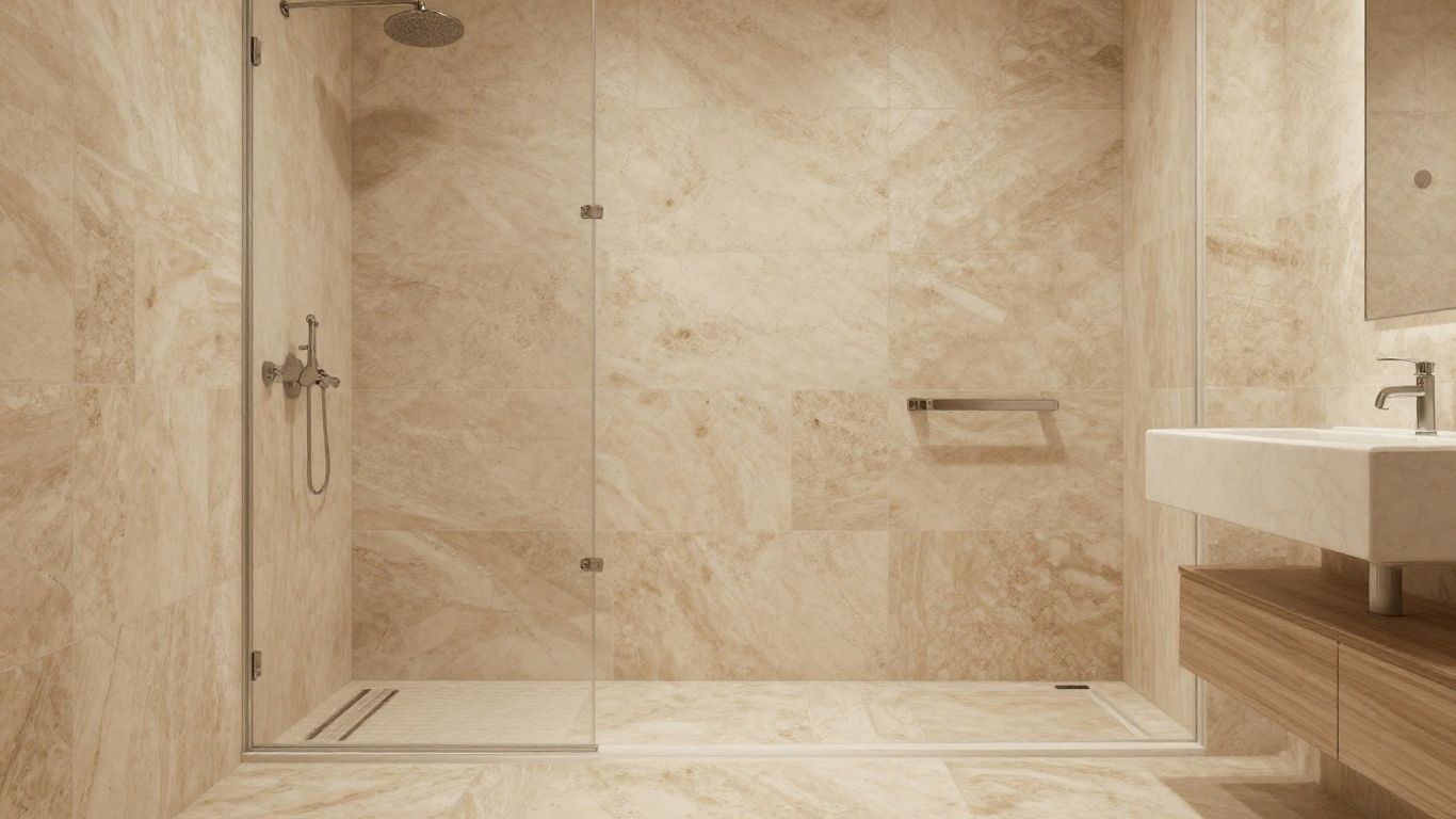 Ivory travertine floor and shower in a bathroom.