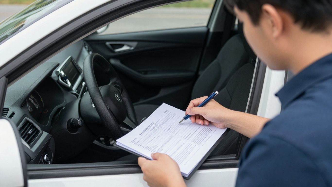 Käufer prüft Fahrzeugunterlagen vor Probefahrt