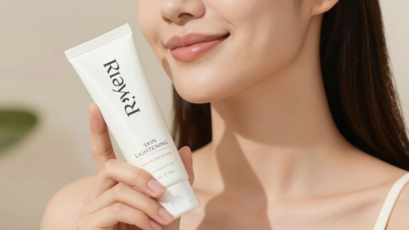 Woman with bright, even-toned skin holding Revitol cream.
