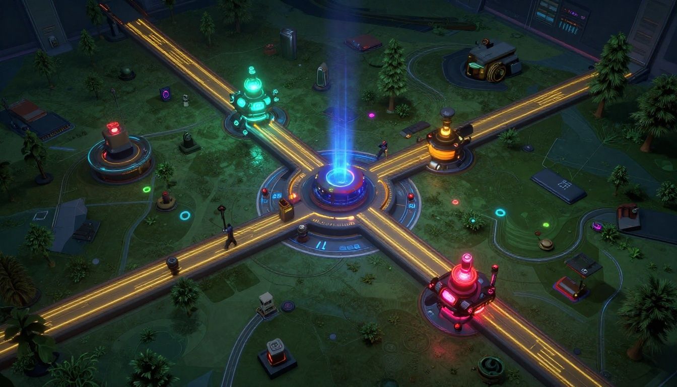 Um mapa tático futurista de um videogame, com corredores estratégicos e iluminação neon vibrante