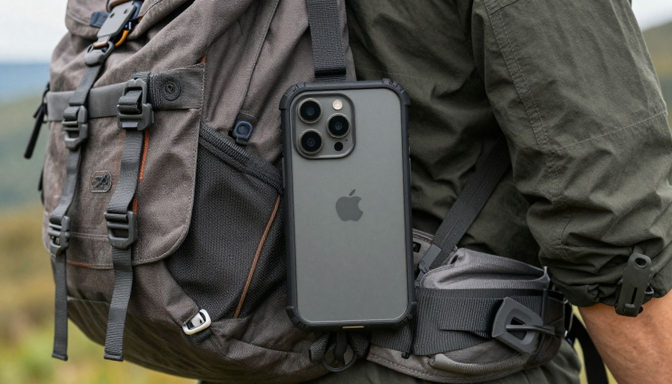 A person hiking in the Blue Mountains, their iPhone 17 Pro Max in a rugged case visible on their backpack strap