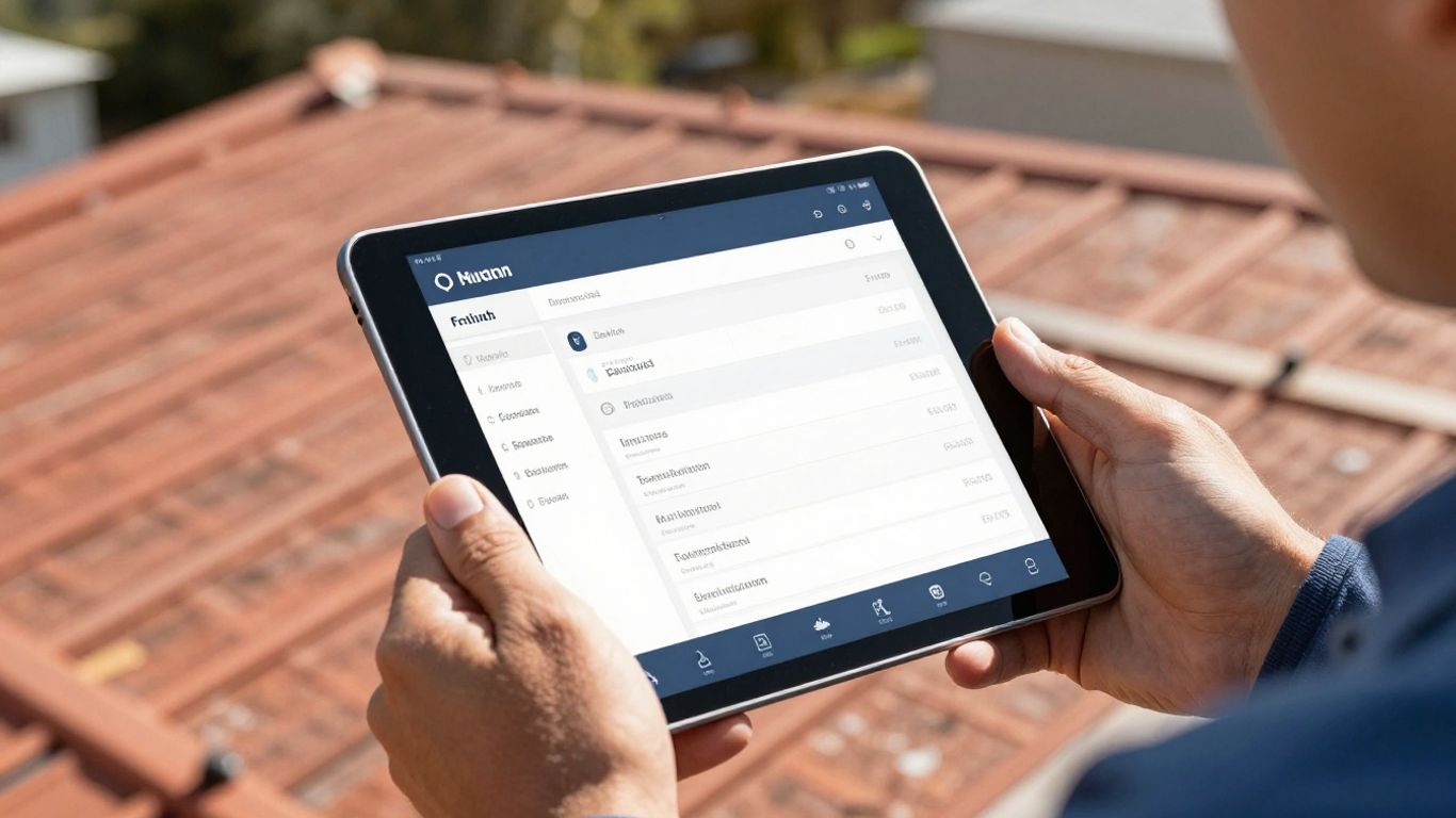Roofing contractor using tablet software in the field.