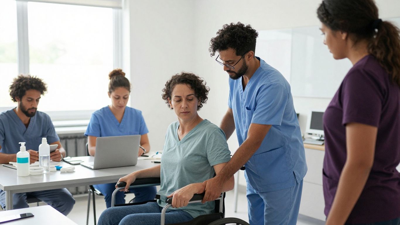 Students practicing nursing assistant skills in a bright classroom