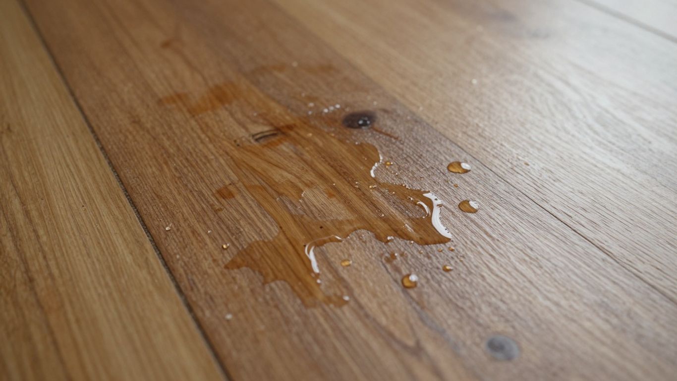 Warped hardwood floor with water stains and droplets.