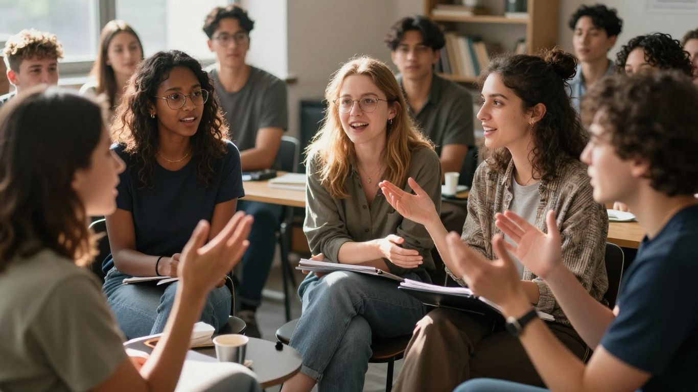 Debate político y social entre personas diversas.