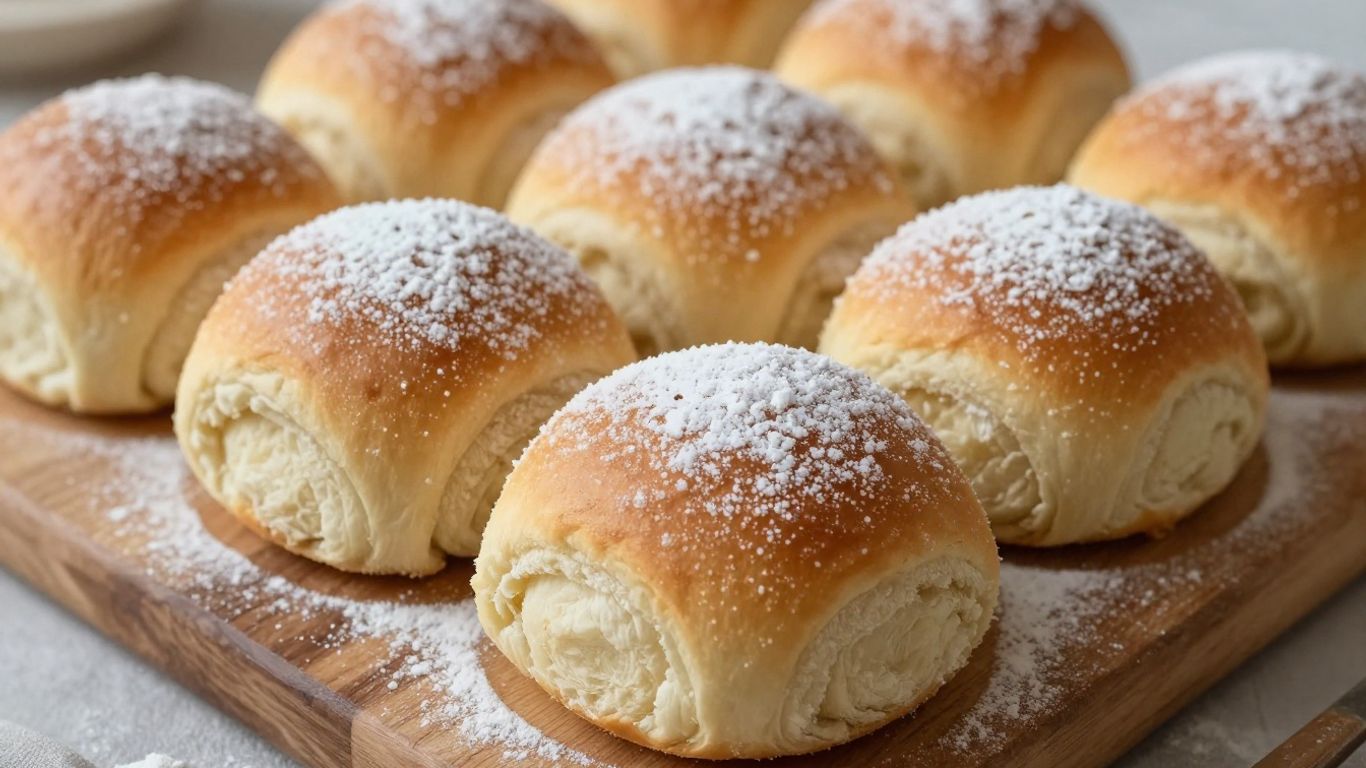 Golden brown morning rolls dusted with powdered sugar.