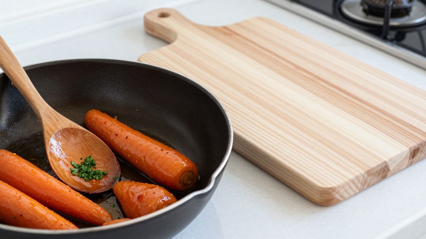Glossy maple glazed carrots in a skillet