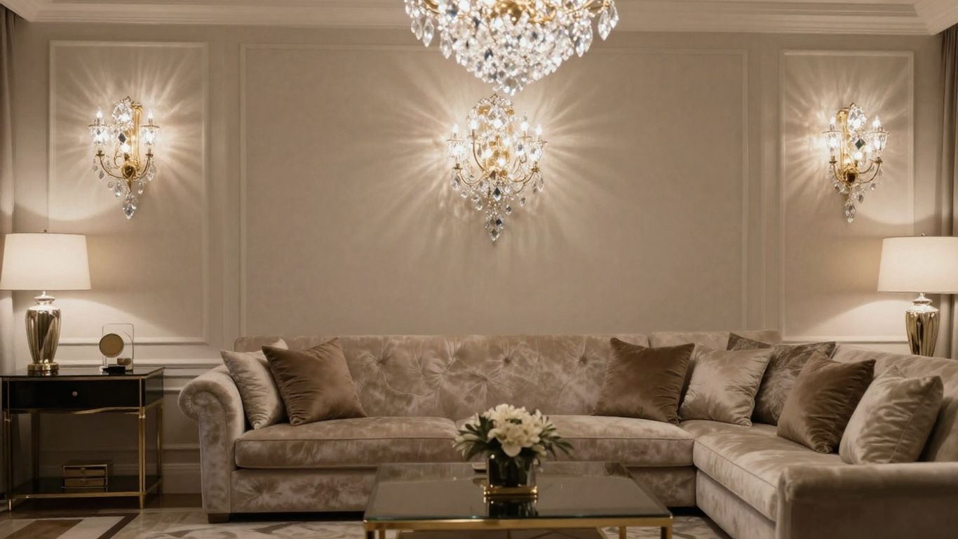 Crystal wall lights illuminating a luxurious living room.