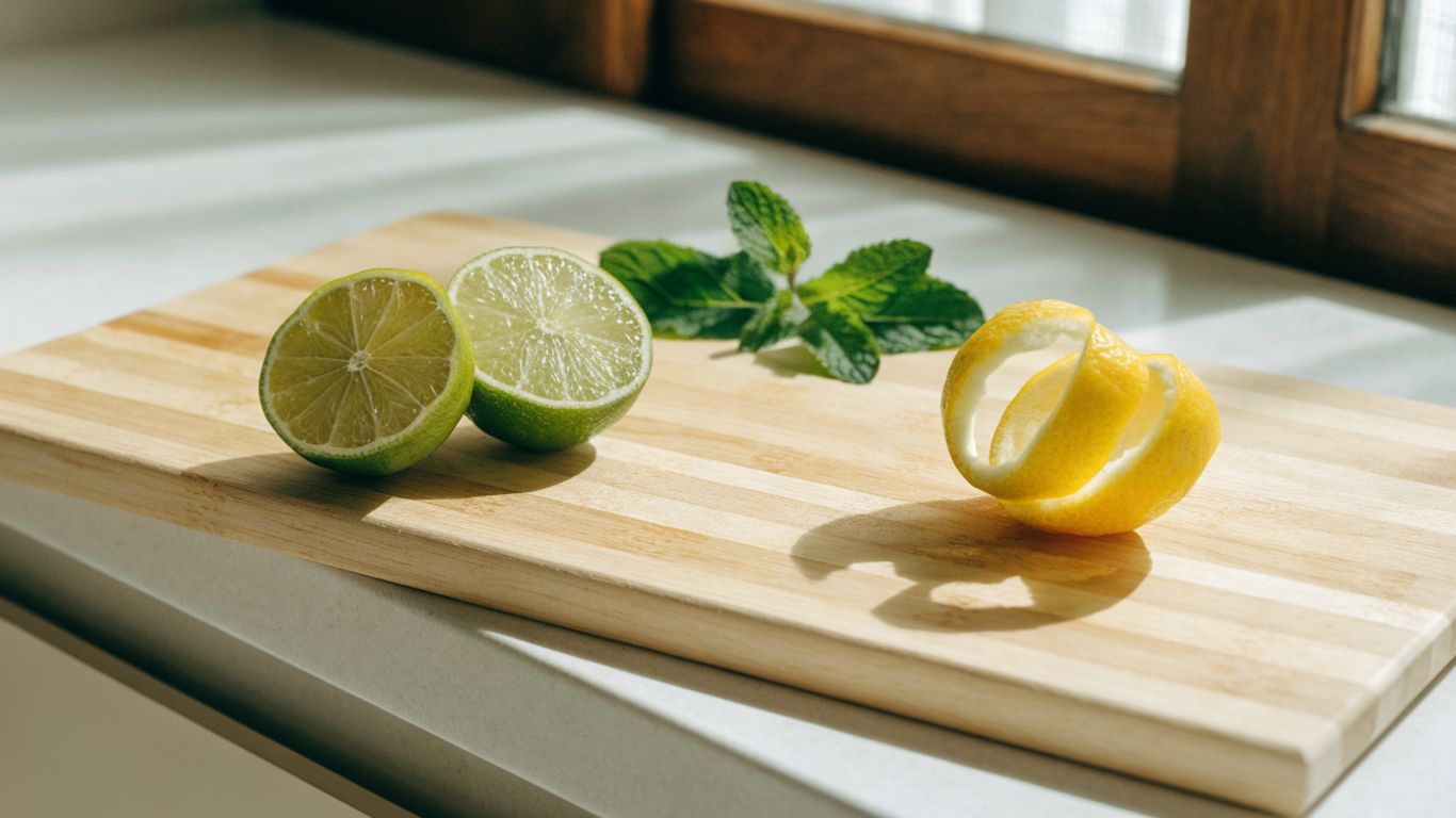 Edge grain maple board with citrus and cocktail herbs