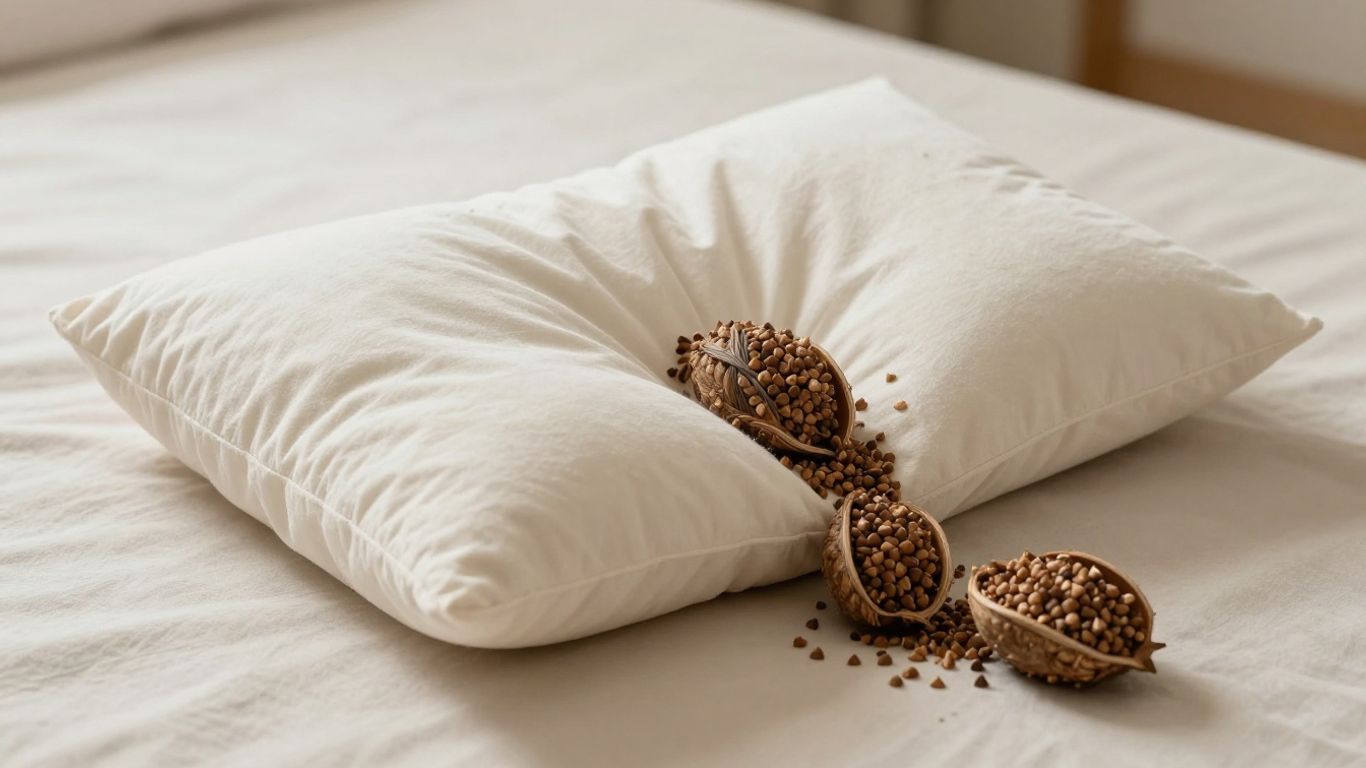 Buckwheat pillow with natural hulls spilling out.