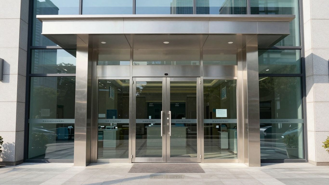 Modern hospital entrance with aluminium doors.
