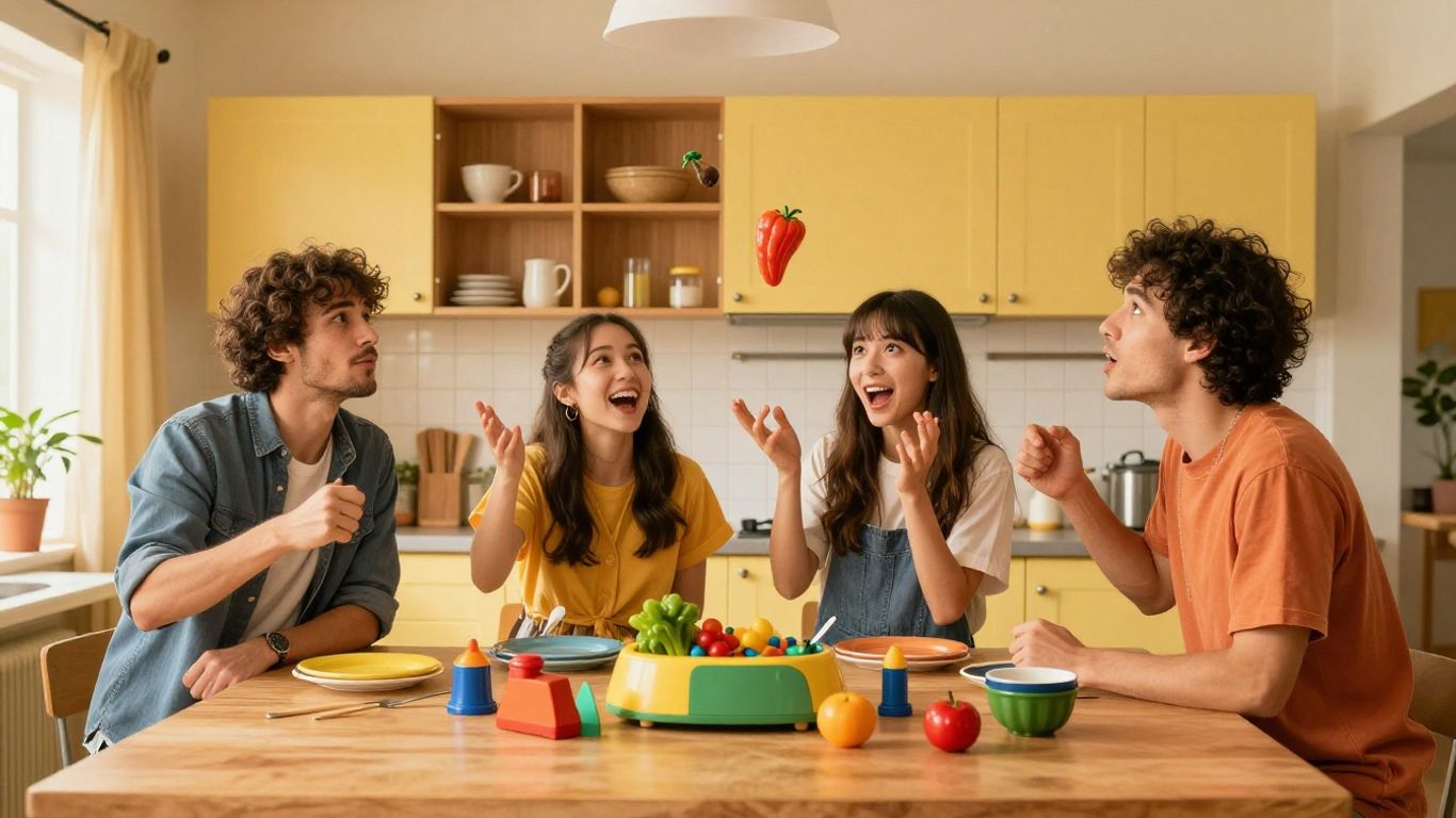 Friends coordinating in a colourful busy kitchen