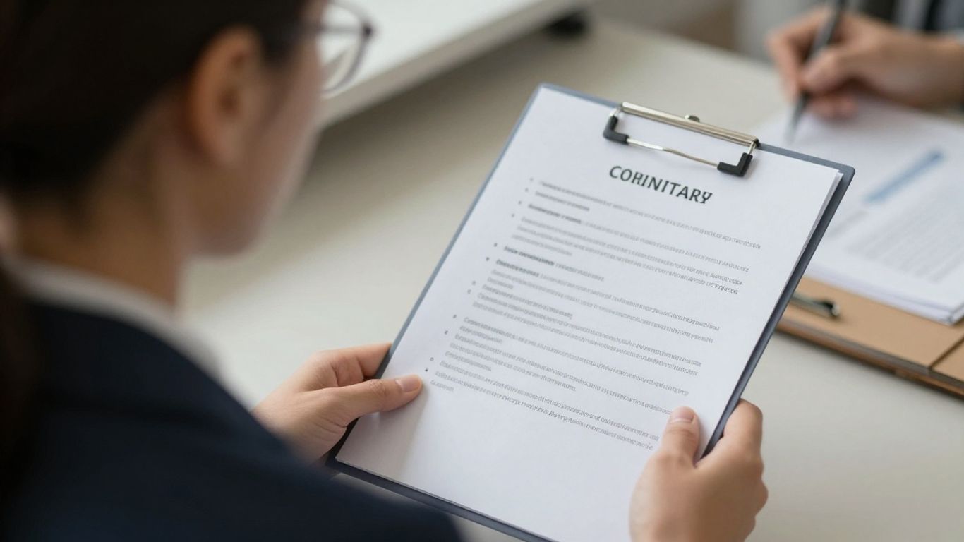 Personne réfléchissant à un document dans un bureau.