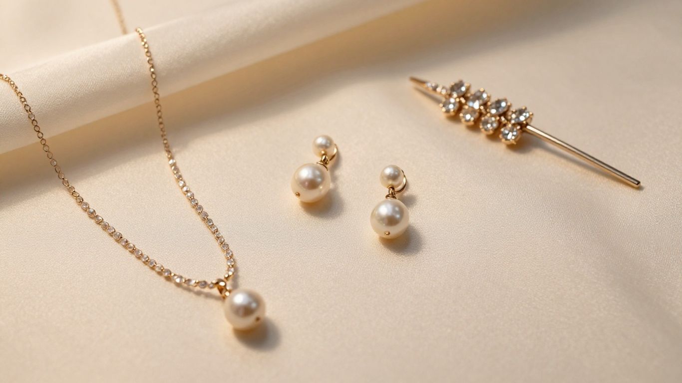Close-up of wedding jewelry beside soft bridal hairstyle
