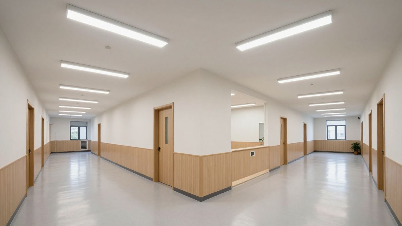 School hallway with new LED lighting.