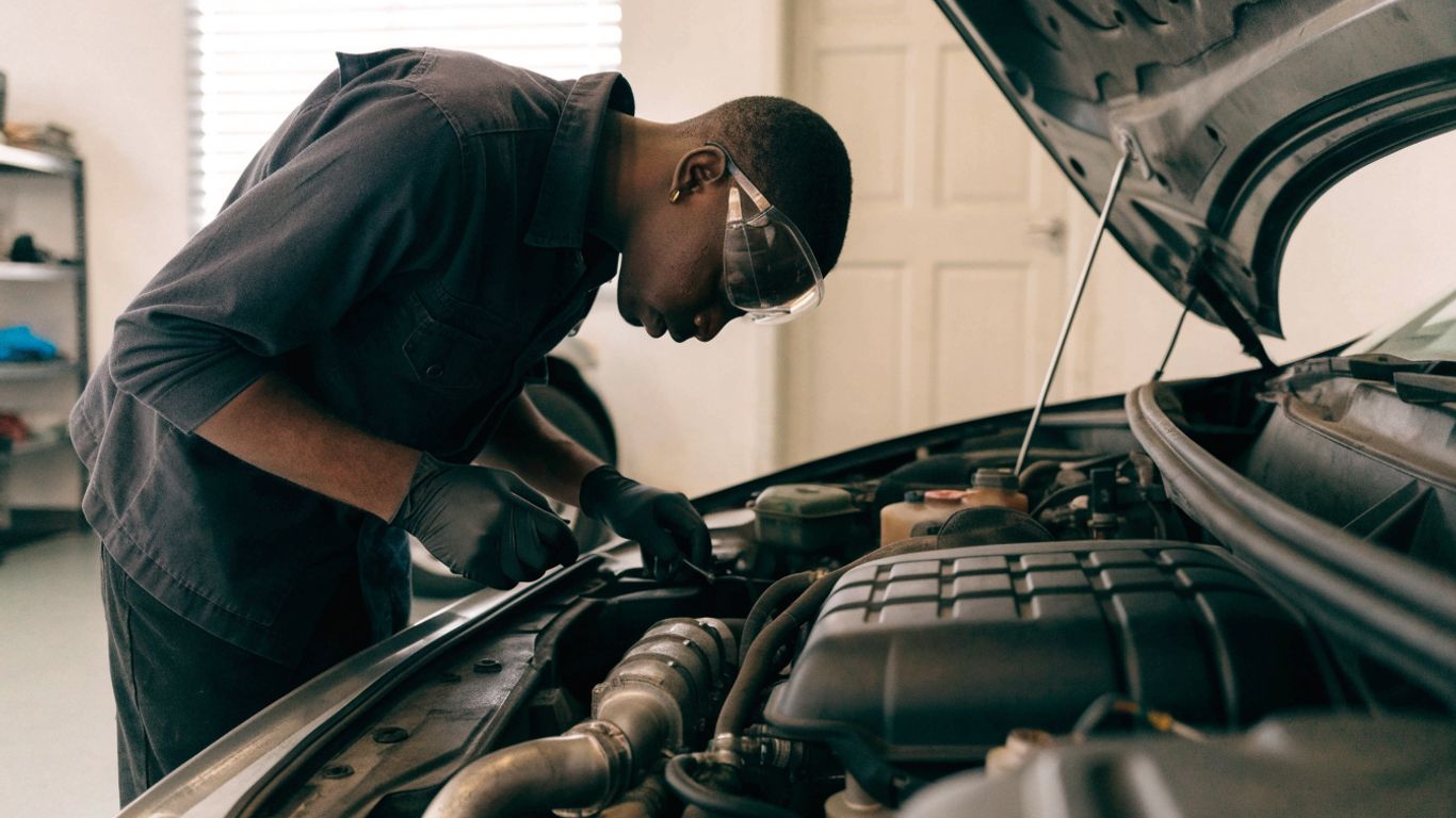 Mechanic checking a vehicle engine compartment