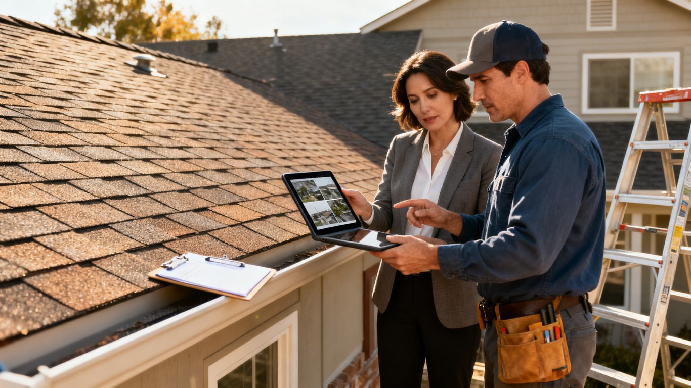 Roofer and realtor reviewing roof inspection photos