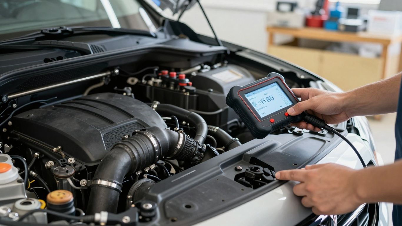 Engine bay with diagnostic scanner connected
