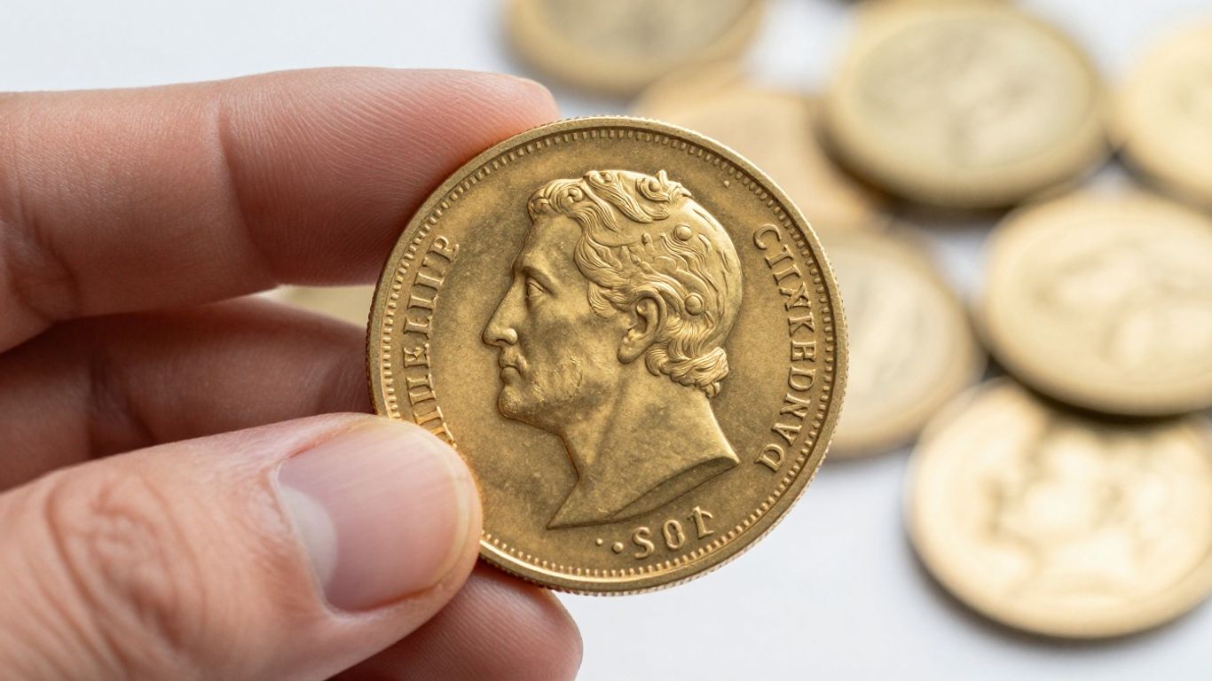 يد ذهبية تحمل عملة ذهبية لامعة.