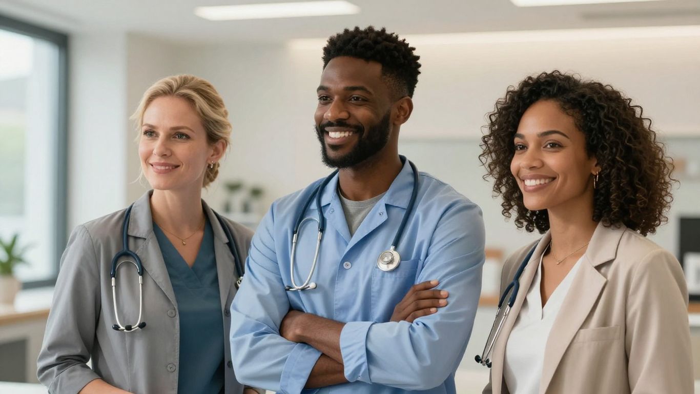 Dermatology clinic professionals smiling in a modern clinic.