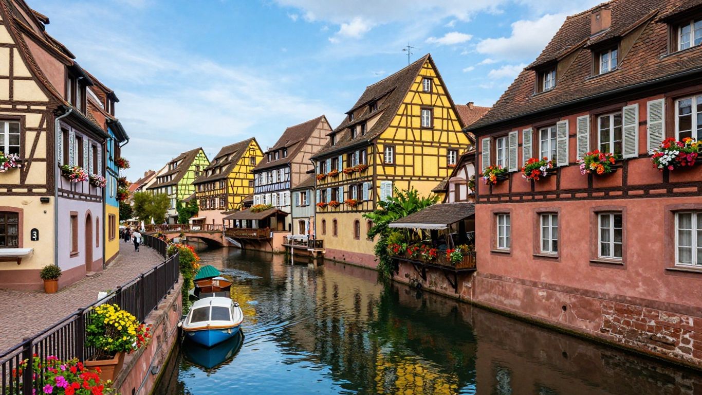 Colmar Little Venice canals with colorful houses and boats.