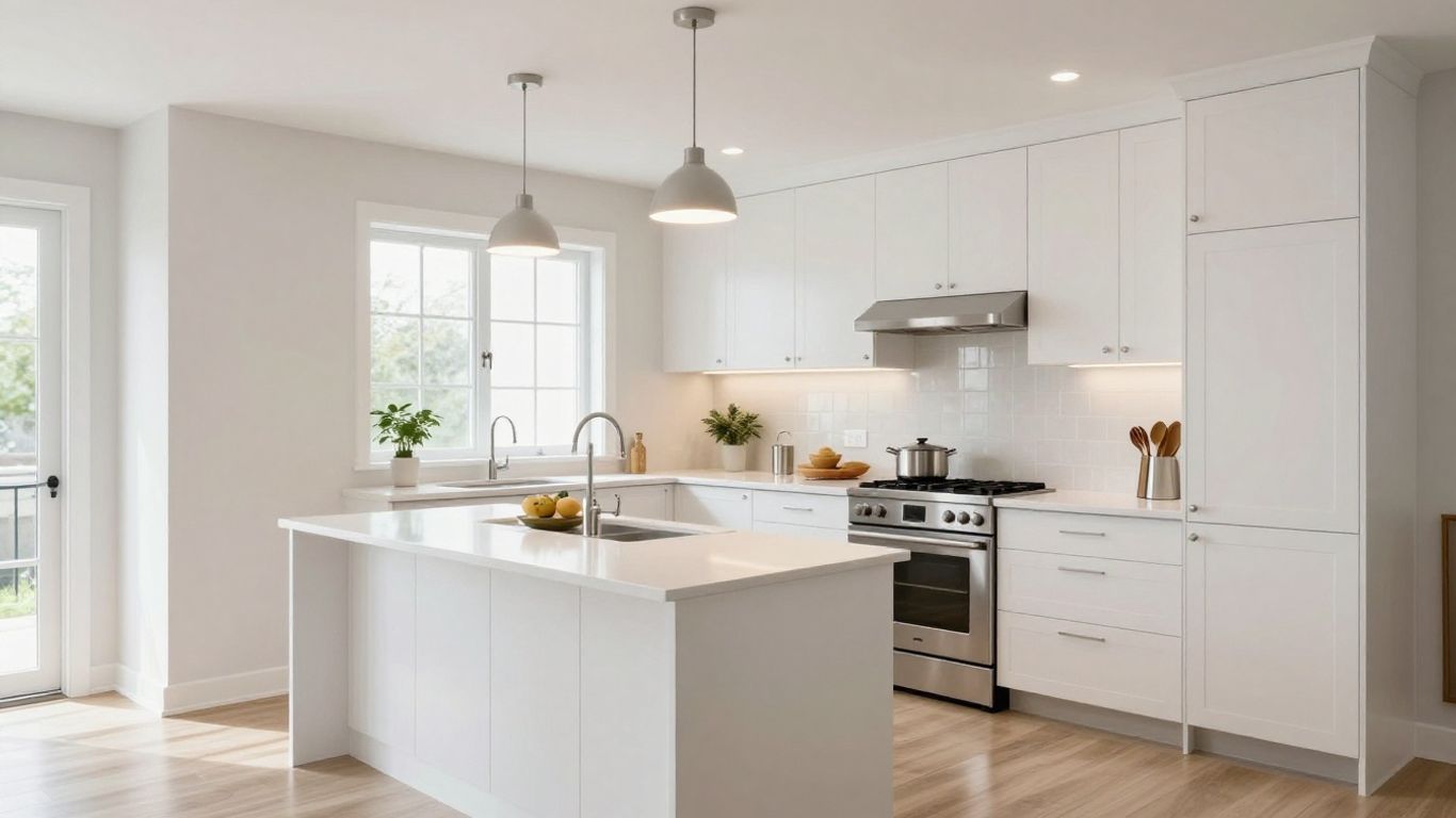 Modern kitchen renovation with island and stainless steel appliances.
