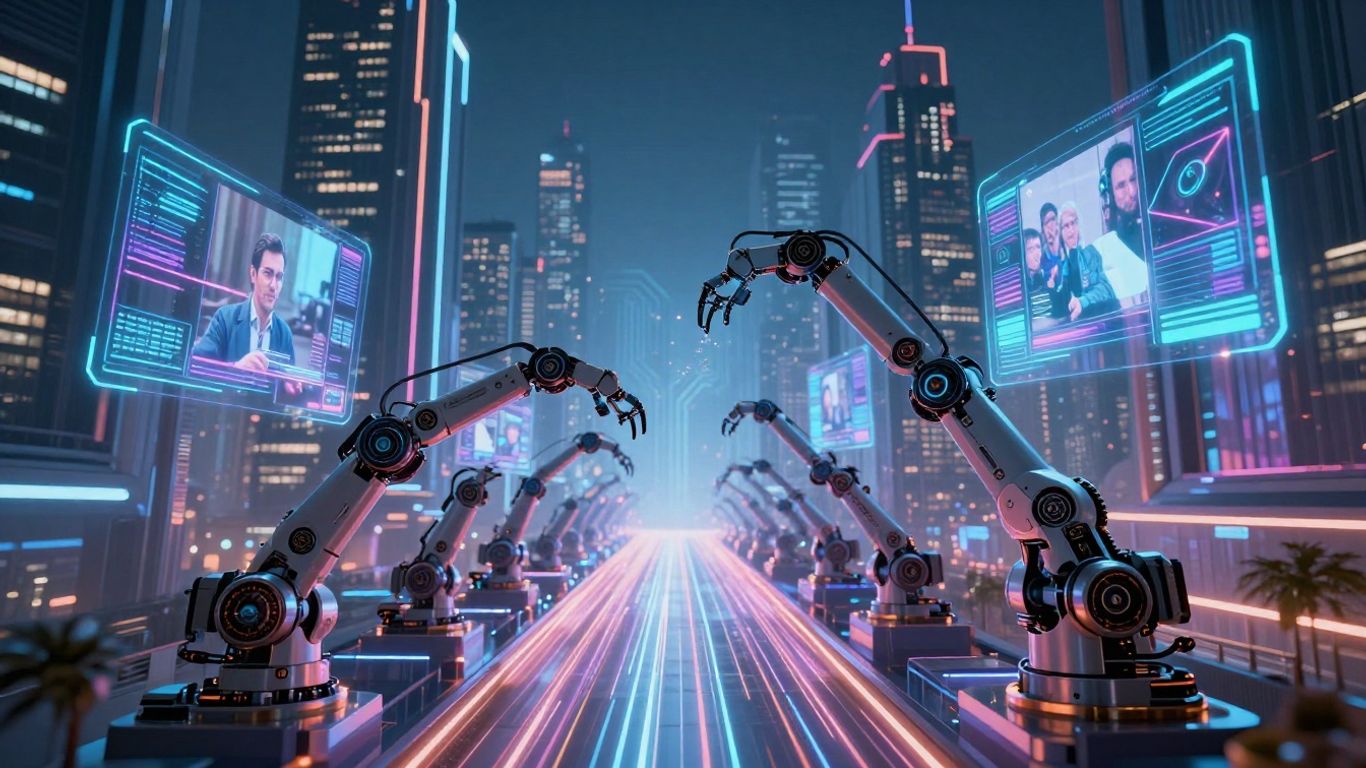 AI video generation cityscape with robotic arms.